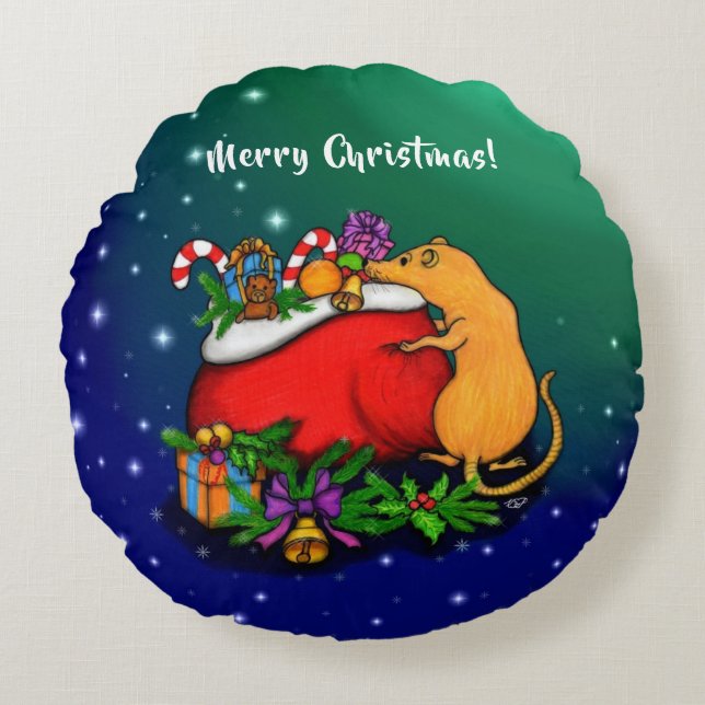 God jul med Råtta Prince Rund Kudde (Framsidan)