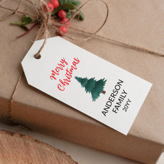 God jul med röd text och Julgran Presentetikett
