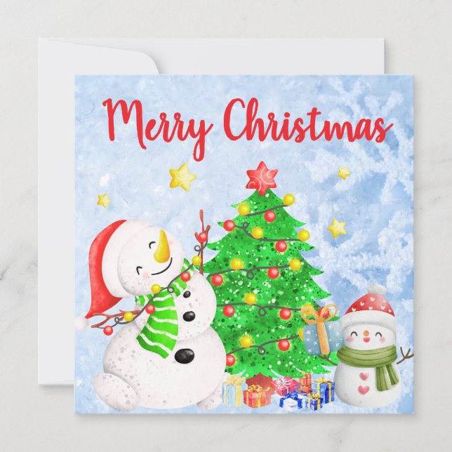 God jul med Snögubbe och barn med Träd Inbjudningar (Framsida)
