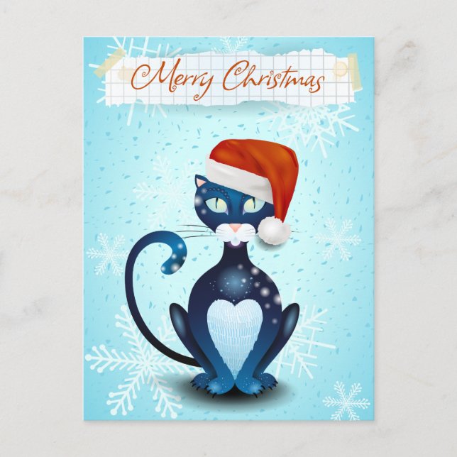 God jul med svart katt med tomtens hatt vykort (Framsida)
