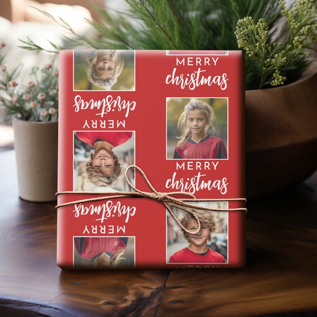 God jul med två fyrkantsbilder - rött presentpapper (Personalized Photo Wrapping Paper)