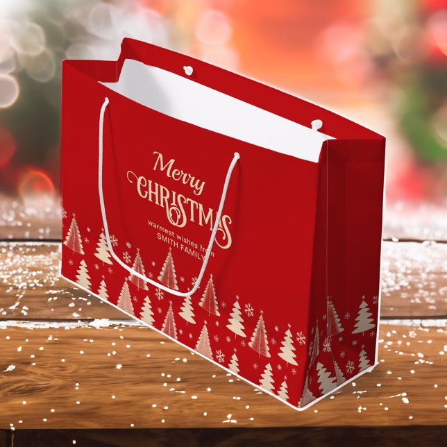 God jul medelårshundsröd beige träd (Merry Christmas midcentury modern retro red beige gold trees personalized template Large Gift Bag)
