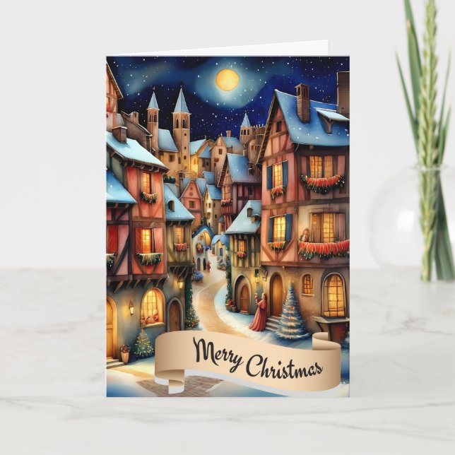 God jul Medieval Village Helgdag Scene Helgkort (Framsida)