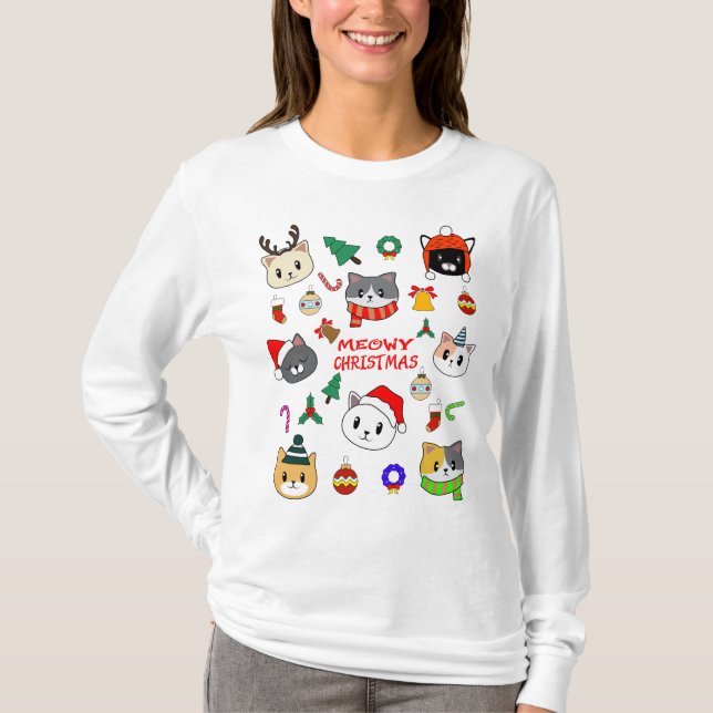 GOD JUL, Meowy Catmas Träd, julklapp T Shirt (Framsida)