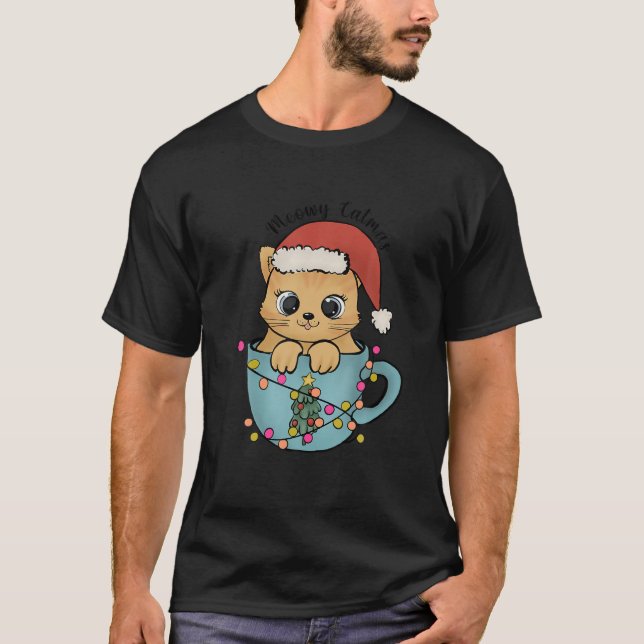 God jul Meowy Catmas Träd Ljus Cat Lover Funny T Shirt (Framsida)