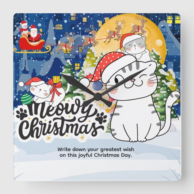God Jul Meowy Fyrkantig Klocka (Framsida)