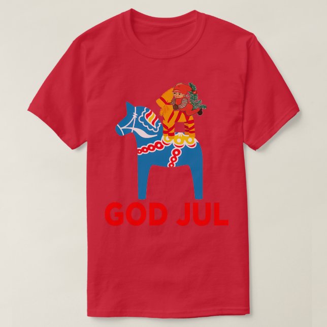 God Jul Merry Christmas Dala Horse Tomte Julbock S T Shirt (Design framsida)