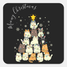 God Jul Merry Katt Träd Fyrkantigt Klistermärke