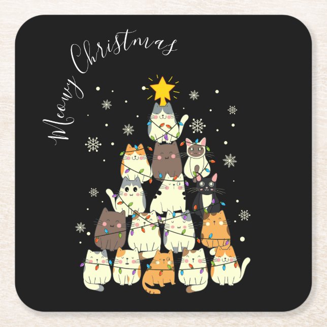 God Jul Merry Katt Träd Underlägg Papper Kvadrat (Framsidan)