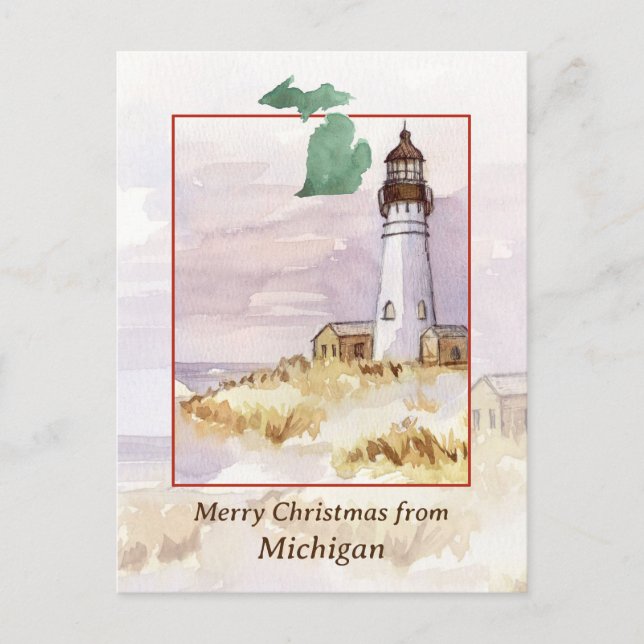 God jul Michigan Lighthouse Winter Snö Helg Vykort (Framsida)