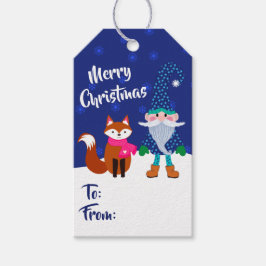 God jul Midnight Blue Gnome och Cute Fox Presentetikett