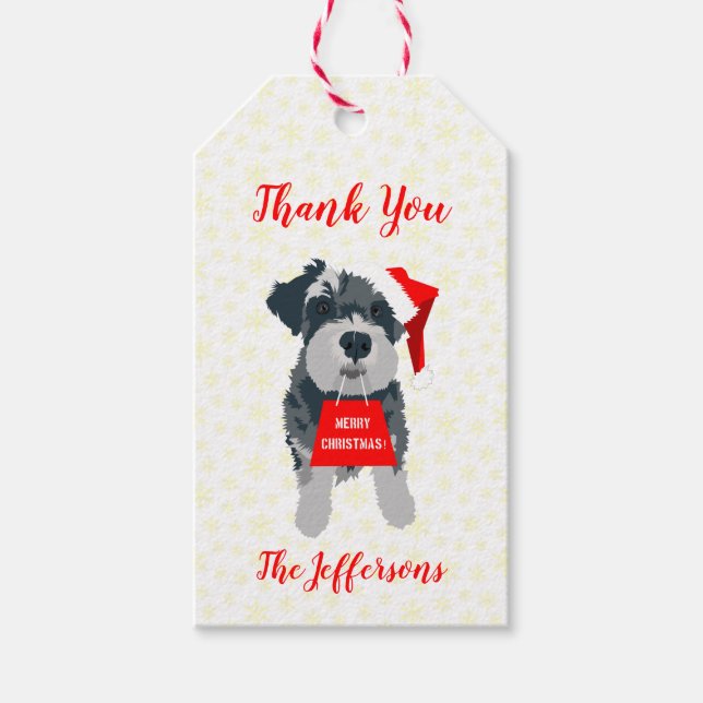 God jul Mini Schnauzer Hund Santa Hat Presentetikett (Framsidan)