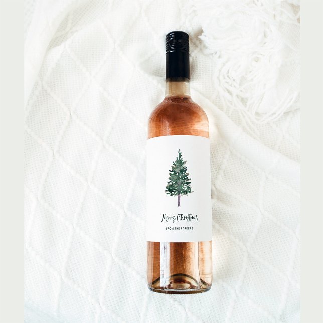 God Jul | Minimal enkel Gräs Vinflaska Etikett (A simple and stylish Christmas holiday wine label with an elegant pine tree)