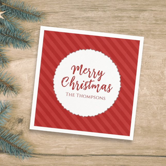 God jul minimalistisk enkel strimlad röd pappersservett (Simple red striped Merry Christmas napkins with modern minimalist holiday style.)