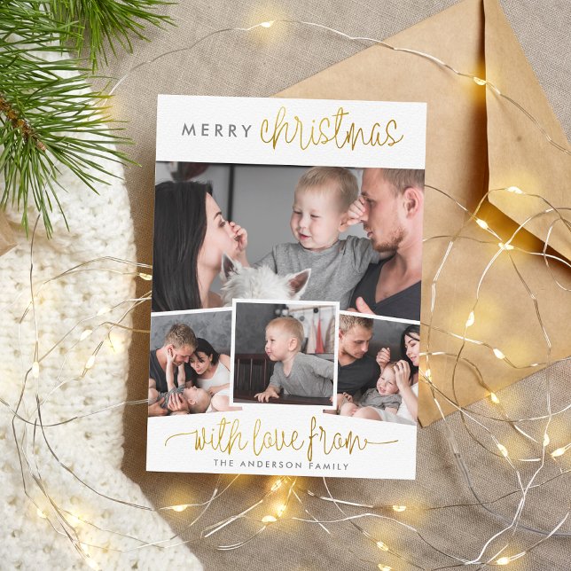 God Jul | Minimalistisk Guld 4-fotokollage Julkort (Merry Christmas 4 Photo Christmas Holiday Card Front Mock-up)