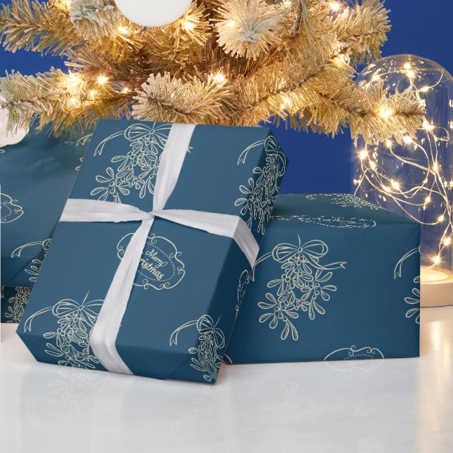 God jul Mistletoe Calligraphy Blue Presentpapper (Helgdagar)