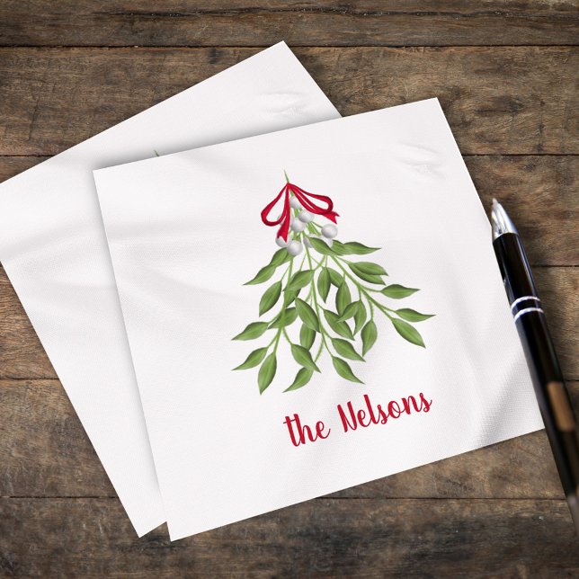 God jul Mistletoe Helgdag Whimsical Cute Pappersservett (Christmas merry mistletoe watercolor simple customized calligraphy napkin. )