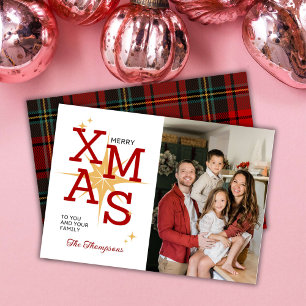 God jul modern 1-familjens foto, söt rödfärgad julkort
