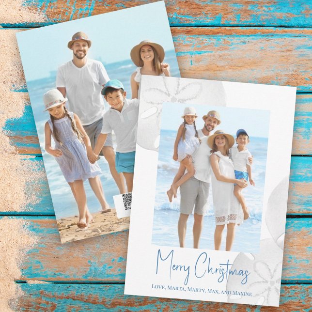 God jul Modern, blå och blå dollar Julkort (Christmas Holiday Tropical Blue Beach Photo Card with a two-photo template.)