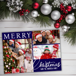 God jul Modern blå och vit tre foto Julkort