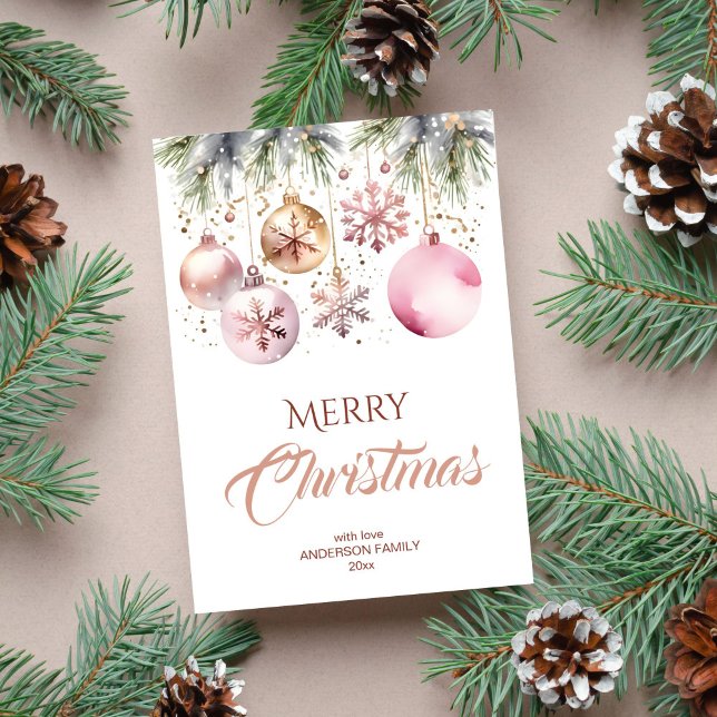 God jul modern boho-metallisk vattenfärg julkort (Merry Christmas holiday greeting card template digital template rose gold metallic baubles pines)