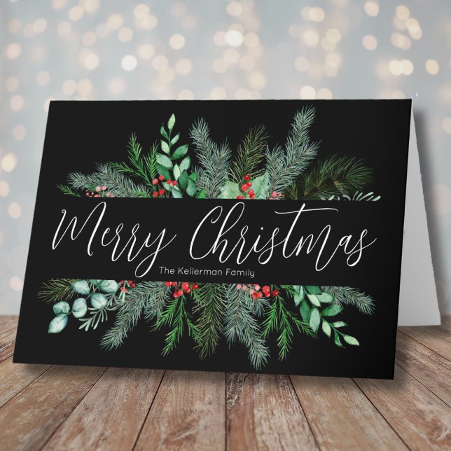 God Jul Modern Elegant Grönska Helgkort (Modern Black Elegant Greenery Merry Christmas Holiday Card)