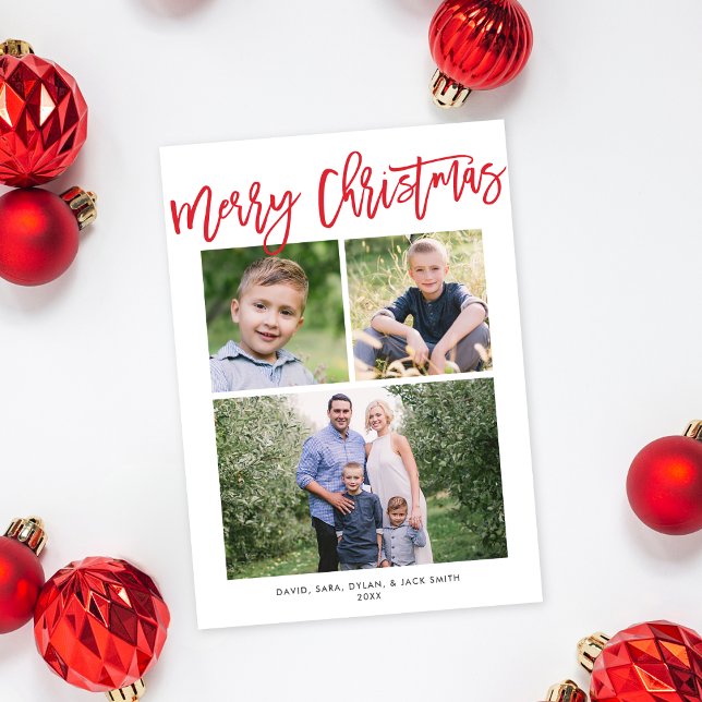 God jul Modern enkel Red Script 3-foto Julkort (Skapare uppladdad)