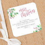 God jul, modern familj namn fyrkantigt klistermärke<br><div class="desc">Modern snyggt God jul-röd,  handskriven kalligrafi-skrift med trendigets dekordekpresentetikett med din anpassningsbar personlig och namnteckning med vattenfärg botaniska greer och klumbär.</div>