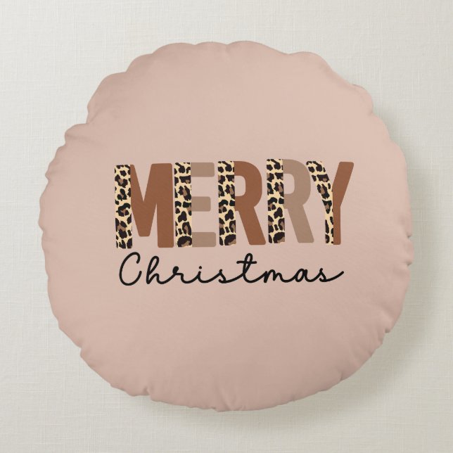 "God jul" Modern Färg Block Leopard Boho Rund Kudde (Framsidan)