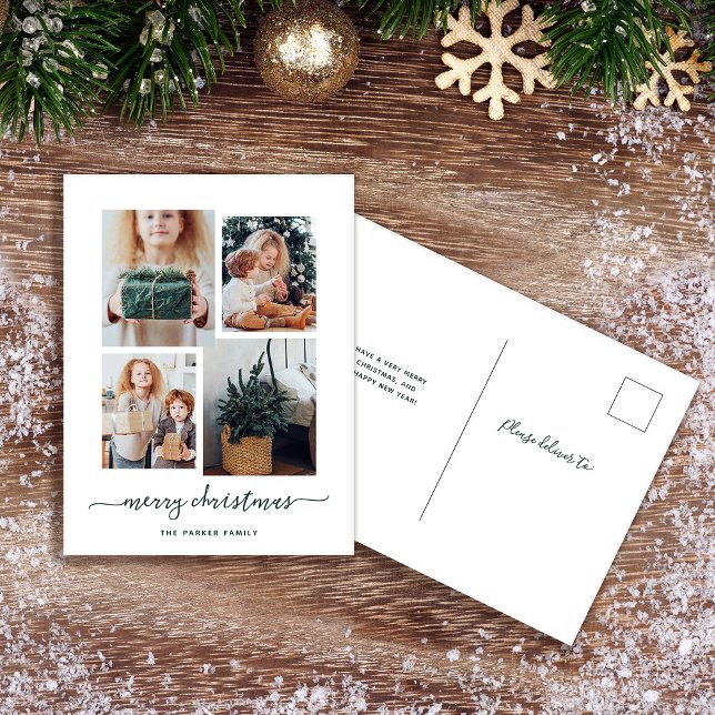 God Jul | Modern fyra fotokollage Helg Vykort (A simple and stylish holiday postcard with a four photo collage and trendy script)