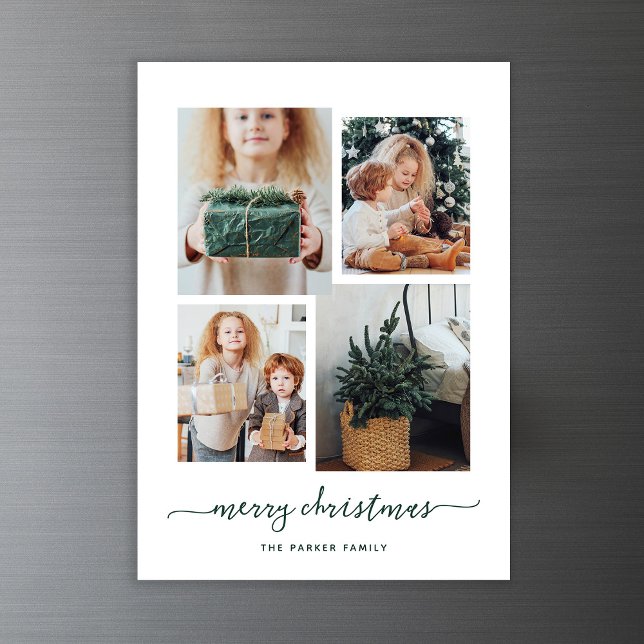 God Jul | Modern fyra fotokollage Magnetisk Inbjudningskort (A modern photo collage on this magnetic Christmas card)