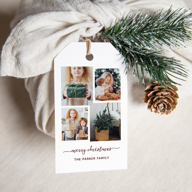 God Jul | Modern fyra fotokollage Presentetikett (A modern four-photo grid gift tag that says "Merry Christmas")
