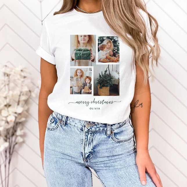 God Jul | Modern fyra fotokollage T Shirt (This holiday shirt features a trendy and modern four photo collage with dark green script)