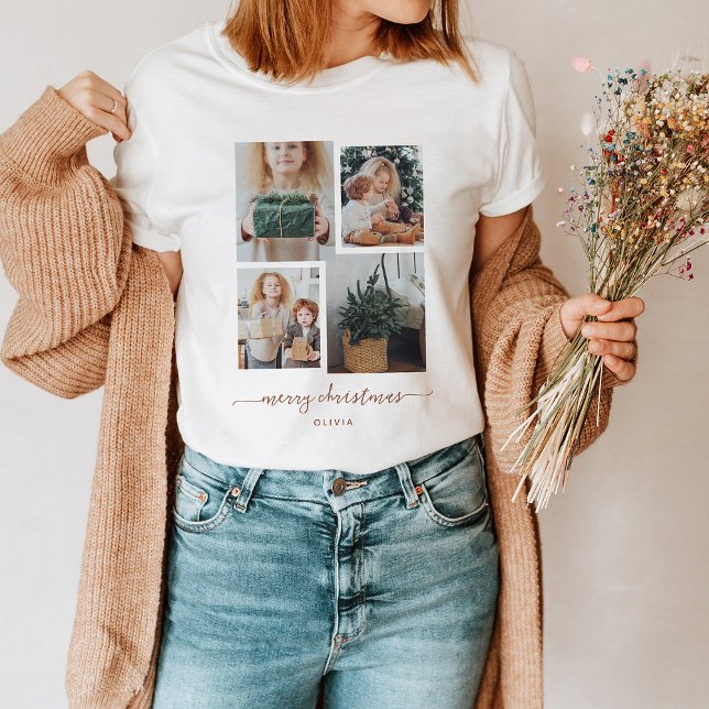 God Jul | Modern fyra fotokollage T Shirt (This holiday shirt features a trendy and modern four photo collage with terracotta script)