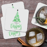 God jul Modern Grönt Träd Helgdag Underlägg Papper Kvadrat<br><div class="desc">Julgran i grönt bollar och svarta stjärnor,  och hälsning GOD JUL finns med på en lätt grått-bakgrund är egenskaper på dessa tunga pappra underlägg. MATCHING-objekt i vår samling.</div>