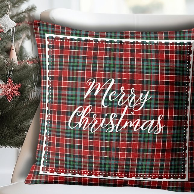 God jul Modern handskript Kudde (Merry Christmas Modern Plaid Script Throw Pillow.)