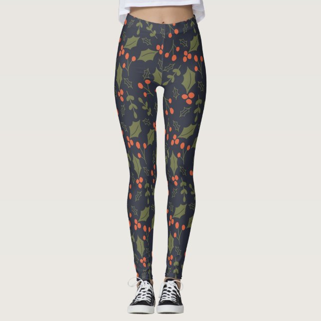 God Jul Modern Helgdag Foliage Holly Greenery Leggings (Framsida)