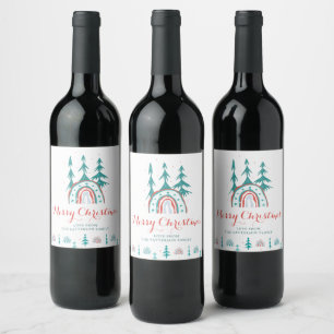 God Jul Modern Holiday Regnbåge Träd Vin Vinflaska Etikett