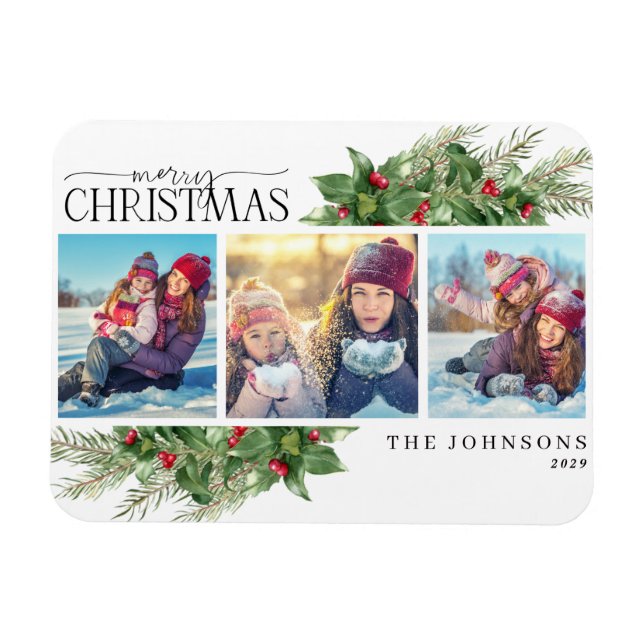 God jul Modern Holly Berry Photo Magnet (Horisontell)