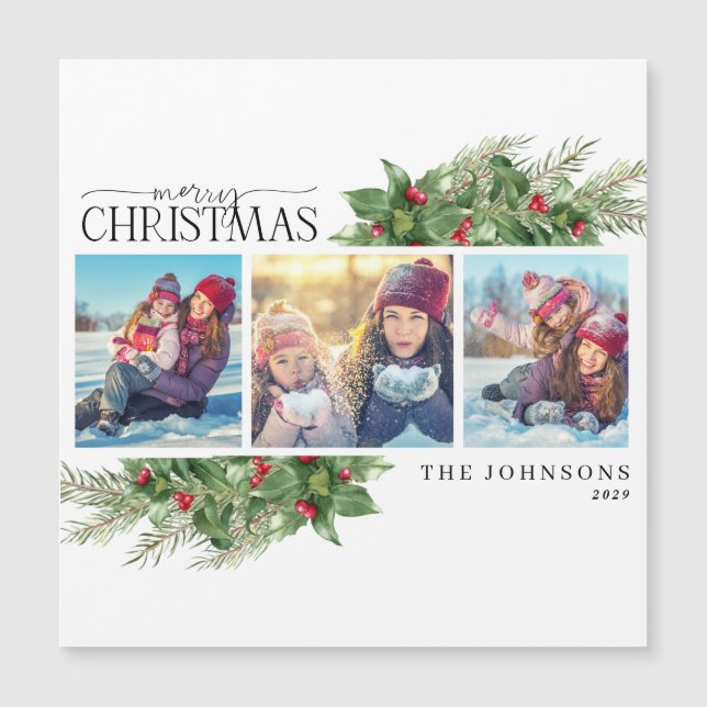 God jul Modern Holly Berry Photo Magnet (Framsida)