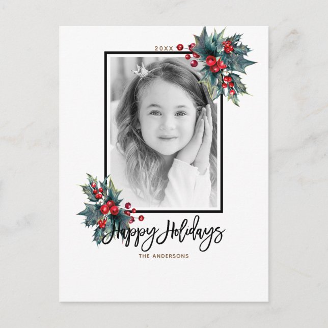 God Jul Modern Holly Berry & Randig Foto Helg Vykort (Framsida)