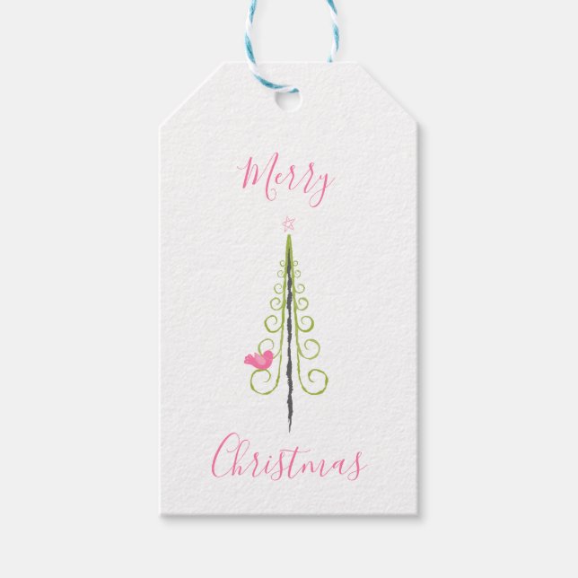 God jul - Modern Julgranar Rosa Teal Presentetikett (Framsidan)