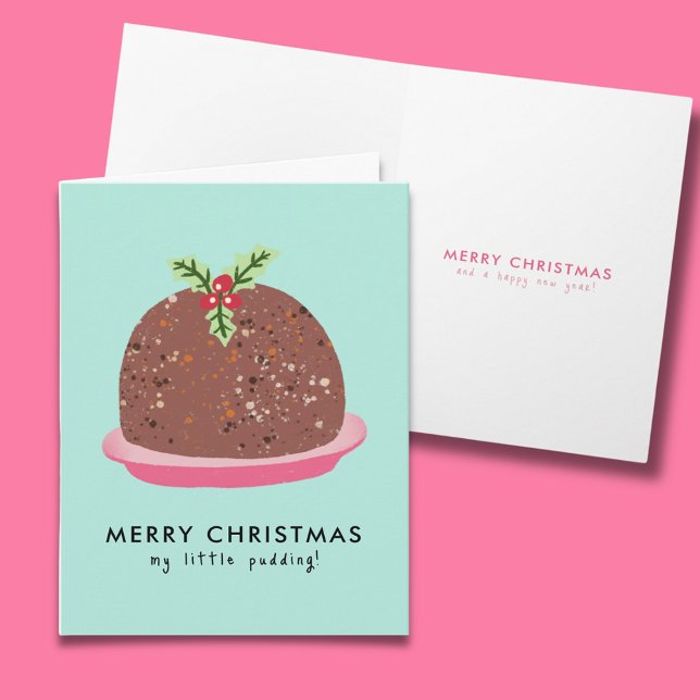 God jul Modern Pudding Illustration Tack Kort (Cute 'My Little Pudding' Christmas card with message inside)