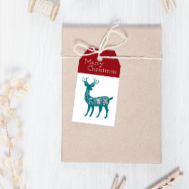 God jul Modern Red Blue Reindeer jul Presentetikett