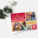 God jul Modern Red Guld Photo Collage Julkort<br><div class="desc">Modern "God jul"-samlingsmall har tre (3) fotoblanksteg,  anpassningsbar och inledande mongram som kan vara personlig för din familj,  din krimson,  din vallmoröd och guld-utskriven färg samt streckade/prickade accenter från mönster.</div>