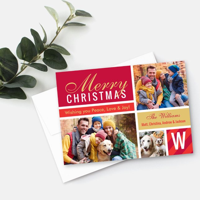 God jul Modern Red Guld Photo Collage Julkort (Skapare uppladdad)