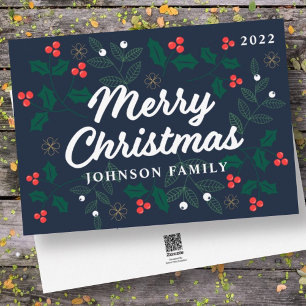 God jul Modern Red Holly Berries Foliage Julkort