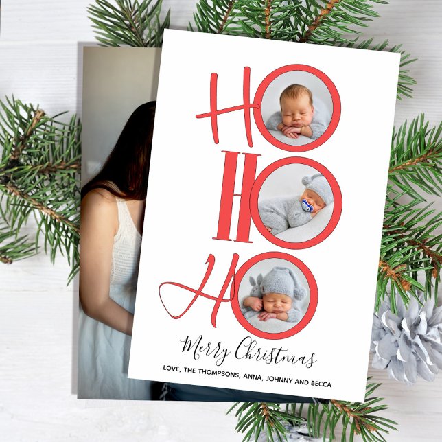 God jul Modern Santa Cute Typography Photo Julkort (Merry Christmas with a creative whimsical Santa "ho ho ho" lettering. )