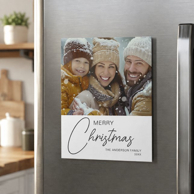 God Jul Modern Script Foto Magnetisk Kort (Merry Christmas Modern Script Photo Magnetic Card)