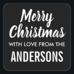 God jul modernt märkre för minsta möjliga gåva fyrkantigt klistermärke<br><div class="desc">Trendig,  minimalistiska,  moderna,  svarta och vita julklämmare med märkrn God jul med kärlek från (och sedan namn i familjen).</div>